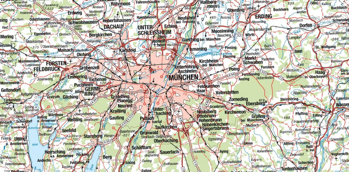 Karte von München und die umliegenden Städte